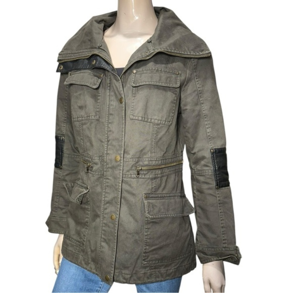 BNCI by Blanc Noir Women’s Size L Dark Olive Black Faux Leather Utility Jacket